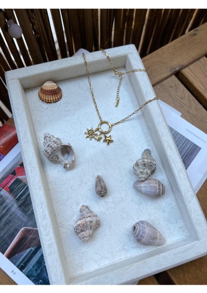 Deniz Temalı Charmlı Ataç Zincir Çelik Kolye