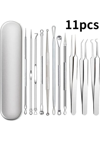 11 Parça Komedon Seti – Siyah Nokta ve Akne Temizleme İğneleri + Metal Taşıma Kutusu