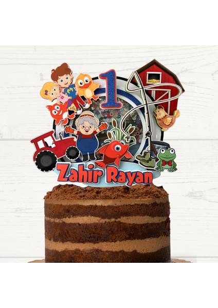 Çiftlik, Kırmızı Balık Temalı Erkek Çocuk Doğum Günü Isme Özel 3D Pasta Süsü Cake Topper (24X22 Cm)