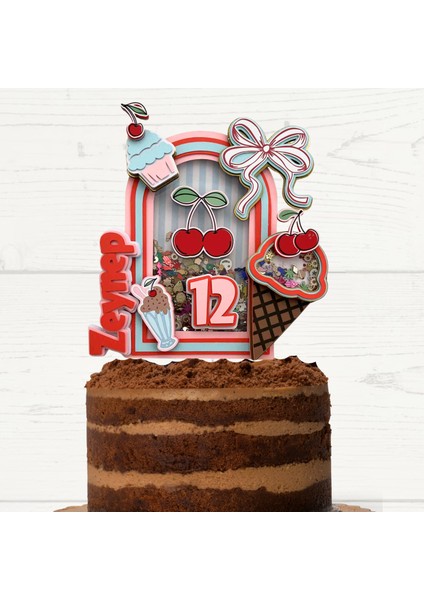 Kiraz Temalı Kız Çocuk Doğum Günü Isme Özel 3D Pasta Parti Süsü Cake Topper (22X20 Cm)