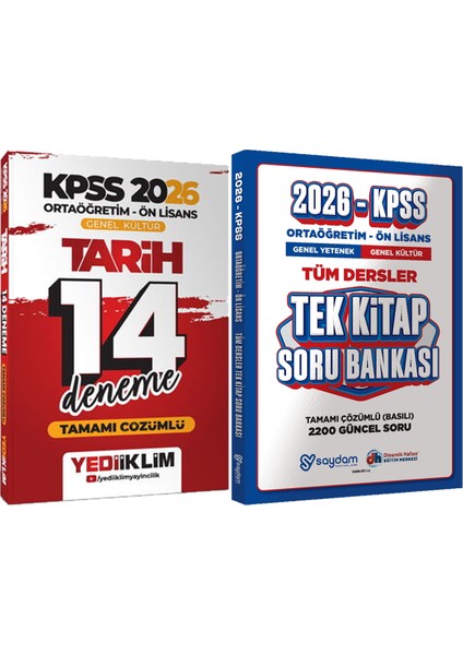 2026 Kpss Ortaöğretim Ön Lisans Genel Kültür Tarih Tamamı Çözümlü 14 Deneme + Ortaöğretim Ön Lisans Tek Kitap Soru