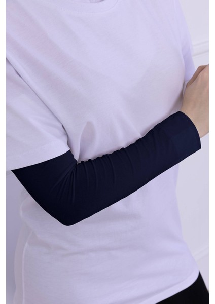 Likralı Penye Kolluk - Pratik Kadın Tesettür Düz Namaz Kolluğu 1 Çift 40CM Viskon Hijab Lacivert