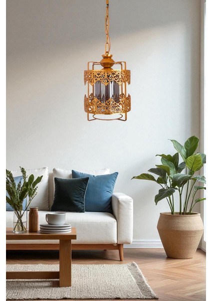 Taç Tekli Avize Gold – Füme Renkli Camlı, Modern Metal Gövdeli Sarkıt Aydınlatma