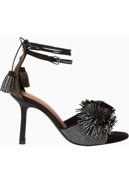 Pom Pom 70 Ankle Tie Süet Topuklu Sandalet