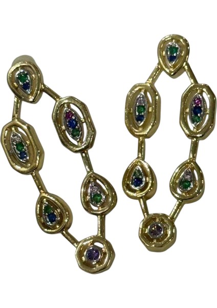 Çelik Zirkon Taşlı Küpe Geometrik Renkli Taşlı Büyük Form Modern Tasarım Parlak Işıltılı Şık Takı Model indirimleri