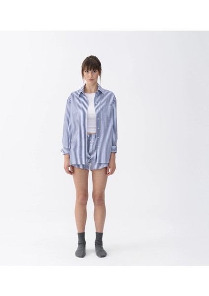 Renna Kadın Dokuma Uzun Kollu Gömlek Lacivert