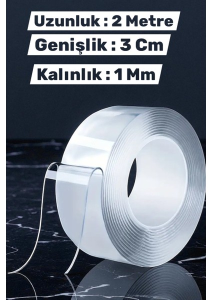 Çift Taraflı Bant Şeffaf Güçlü Esnek (2 Metre)