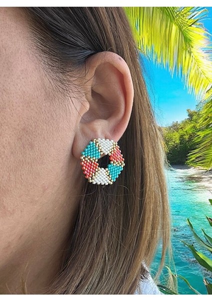 Turuncu, Mavi, Krem, Altıgen, Çivili Küpe