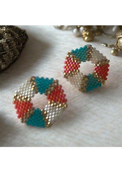 Turuncu, Mavi, Krem, Altıgen, Çivili Küpe fiyatları