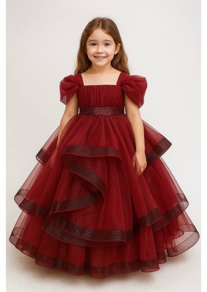 Kız Çocuk Tarlatan Lı Kemer Detaylı Düşük Kol Detay Kat Kat Abiye Gelinlik Özel Günler Için