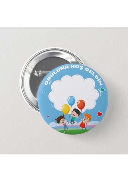Mavi Renk Balonlu Çocuklar Iğneli Rozet, 10 Adet, Okula Hoş Geldin Teması