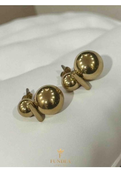 Çelik Altın Küpe Minimalist Iki Küreli Modern Tasarım Parlak Yüzey Şık Takı Model