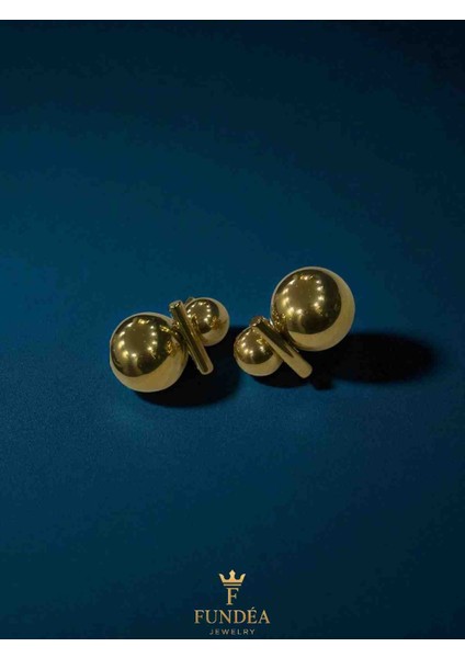 Çelik Altın Küpe Minimalist Iki Küreli Modern Tasarım Parlak Yüzey Şık Takı Model modelleri