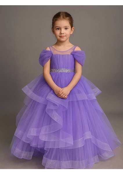 Kız Çocuk Tarlatan Lı Kemer Detaylı Düşük Kol Detay Kat Kat Abiye Gelinlik Özel Günler Için