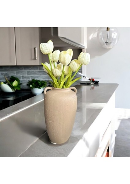 Dokulu, Kulplu, Seramik Vazo, Bej Vazo