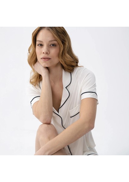 Sia Kadın Modal Biyeli Kısa Kol Pijama Üst Ekru