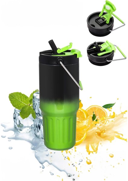 800 Ml, Pipetli, Bardak Termos, El Termosu, Mug, Çelik, Yeşil-Siyah, CIN858YS