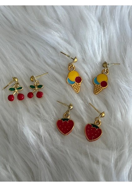 Küçük Kiraz, Çilek ve Dondurma Küpe, Çivili Küpe, Çocuk Küpe, 3'lü Küpe