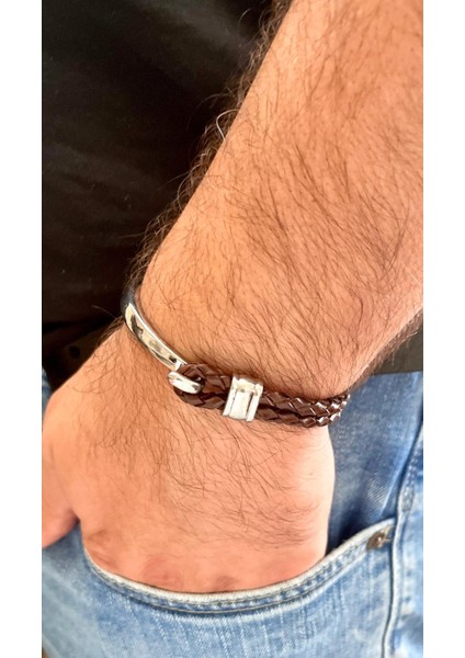 Deri&krom Kombin Erkek Bileklik Net 22CM (Türk El Üretimi)