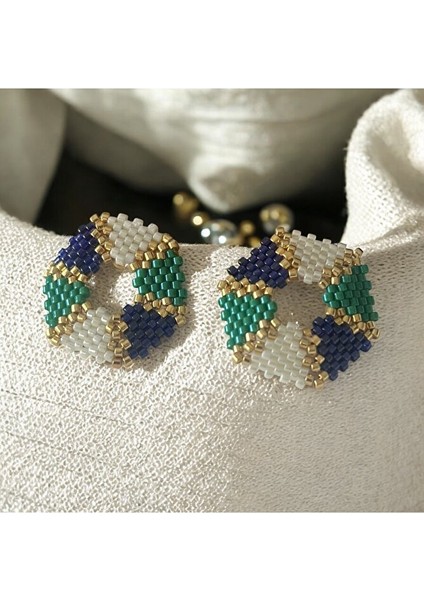 Lacivert, Yeşil, Krem, Altıgen, Çivili Küpe