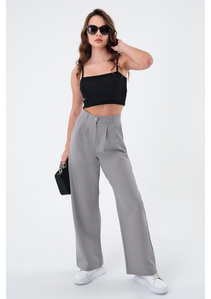 Kadın Gri Yüksek Bel Palazzo Pantolon modelleri