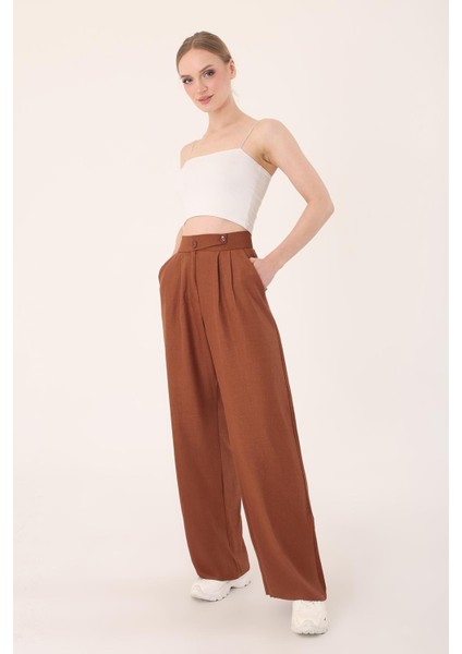 Kadın Kahverengi Keten Karışımlı Kore Model Palazzo Pantolon