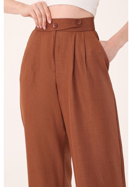 Kadın Kahverengi Keten Karışımlı Kore Model Palazzo Pantolon fiyatları