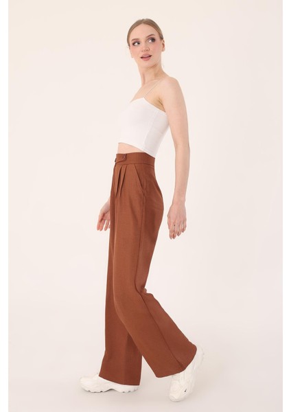 Kadın Kahverengi Keten Karışımlı Kore Model Palazzo Pantolon fırsatları