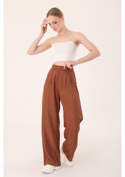 Kadın Kahverengi Keten Karışımlı Kore Model Palazzo Pantolon indirimleri