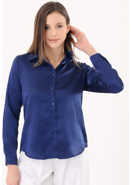 Kadın Hafif Dökümlü Lacivert Saten Gömlek