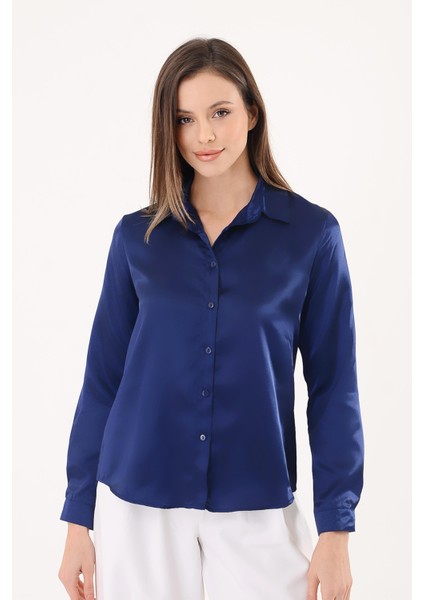 Kadın Hafif Dökümlü Lacivert Saten Gömlek fiyatları