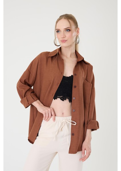 Tek Cepli Oversize Keten Gömlek- Kahverengi