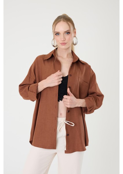 Tek Cepli Oversize Keten Gömlek- Kahverengi fiyatları