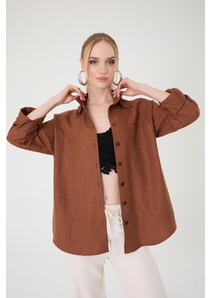 Tek Cepli Oversize Keten Gömlek- Kahverengi modelleri