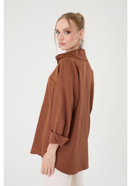 Tek Cepli Oversize Keten Gömlek- Kahverengi fırsatları