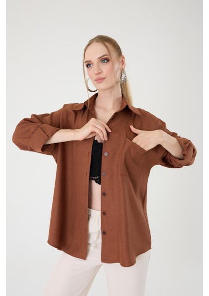 Tek Cepli Oversize Keten Gömlek- Kahverengi indirimleri