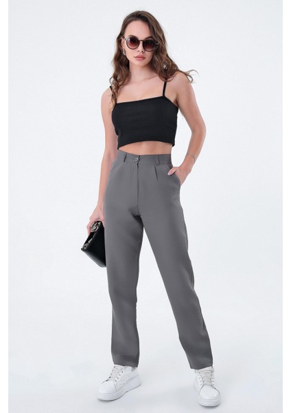 Kadın Gri Dar Kesim Kumaş Pantolon modelleri