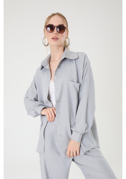 Tek Cepli Oversize Keten Gömlek- Gri fiyatları