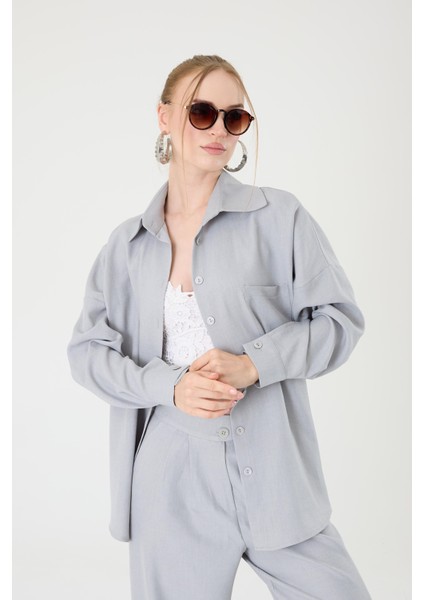 Tek Cepli Oversize Keten Gömlek- Gri modelleri