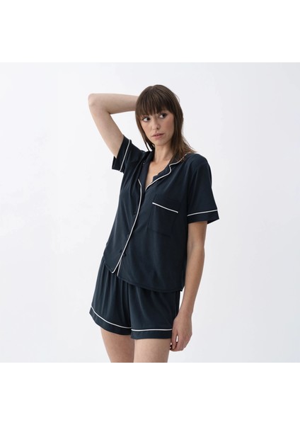 Sia Kadın Modal Biyeli Kısa Kol Pijama Üst Lacivert