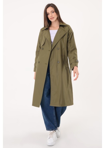 Kadın Kruvaze Yaka Haki Trençkot