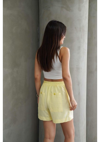 Kadın Sarı Beli Lastikli Keten Şort modelleri
