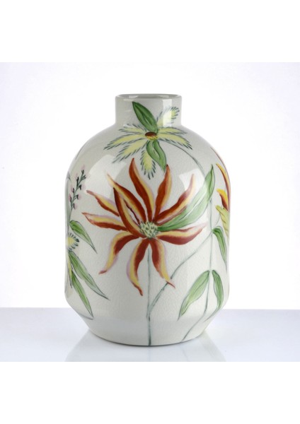 Mael Yaprak Desenli Vazo Krem 20X20X32 cm