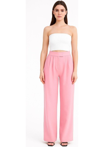 Kadın Pembe Yüksek Bel Cırtlı Palazzo Pantolon