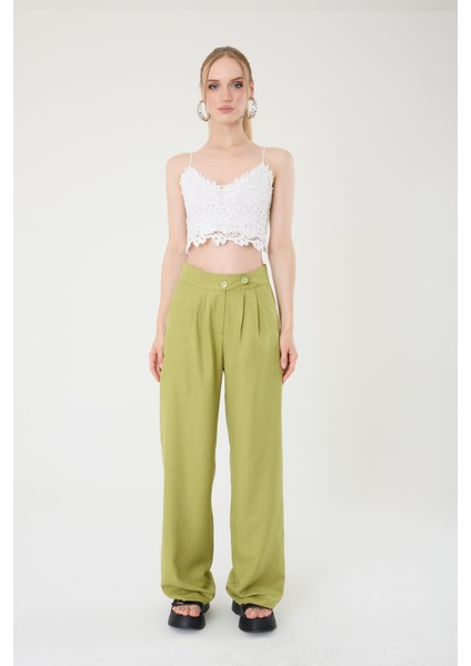 Kadın Yağ Yeşili Keten Karışımlı Kore Model Palazzo Pantolon