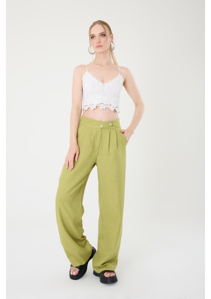 Kadın Yağ Yeşili Keten Karışımlı Kore Model Palazzo Pantolon fiyatları