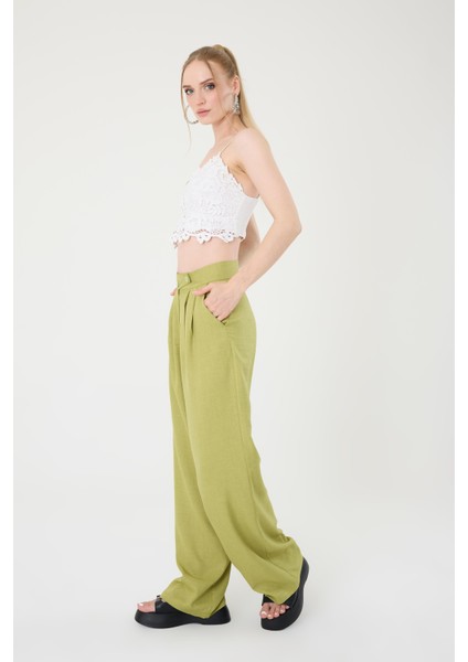 Kadın Yağ Yeşili Keten Karışımlı Kore Model Palazzo Pantolon modelleri