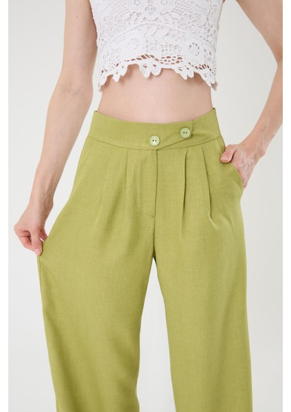 Kadın Yağ Yeşili Keten Karışımlı Kore Model Palazzo Pantolon fırsatları