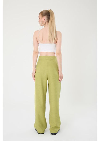 Kadın Yağ Yeşili Keten Karışımlı Kore Model Palazzo Pantolon indirimleri