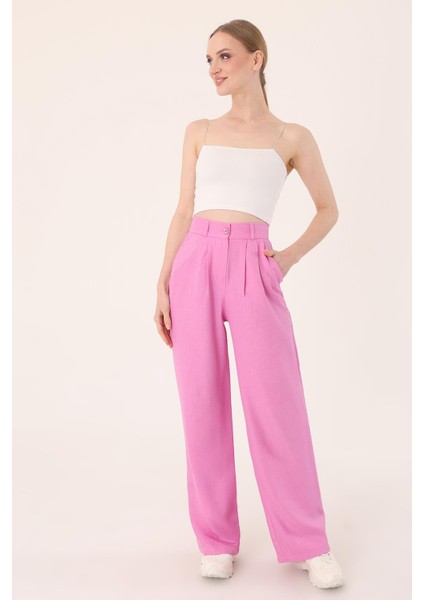Kadın Pembe Yüksek Bel Keten Palazzo Pantolon
